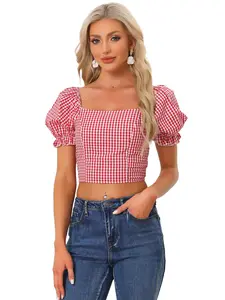 INSPIRE CHIC Bubble Sleeve Peasant Gingham Plaid Smocked Crop Top