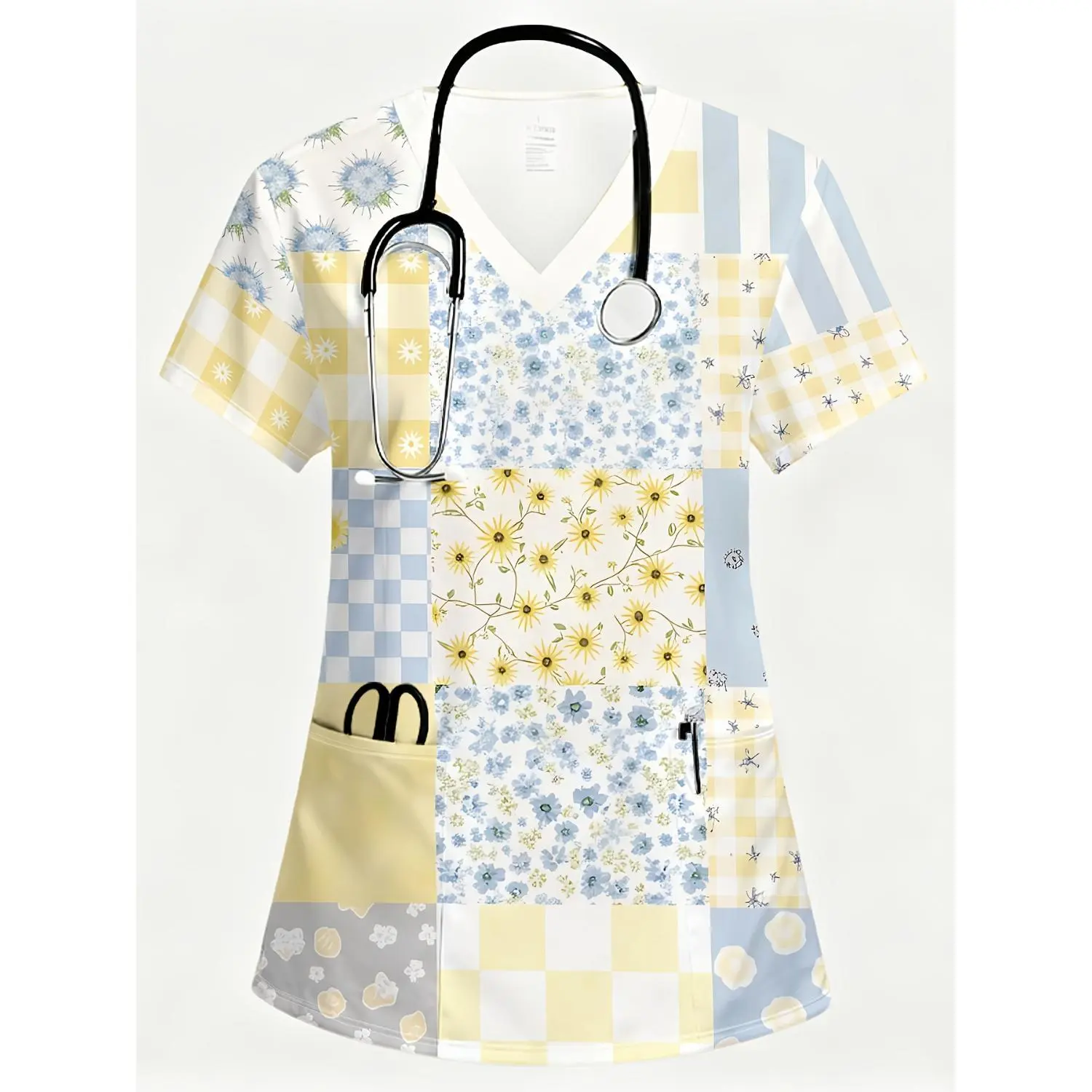 Pastoral-Print Women's V-Neck Short-Sleeve T-Shirt with Front Pockets - Ideal for St. Patrick's Day & Easter Gifts, Wipeable & Machine Washable, Perfect for Uniforms or Casual Wear