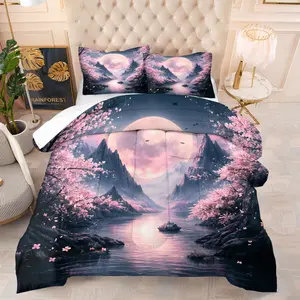 3-Piece All-Season Quilt Set, Soft Breathable Bedding with Romantic Cherry Blossom Design, Lightweight Durable Polyester, for Dorms & Bedrooms