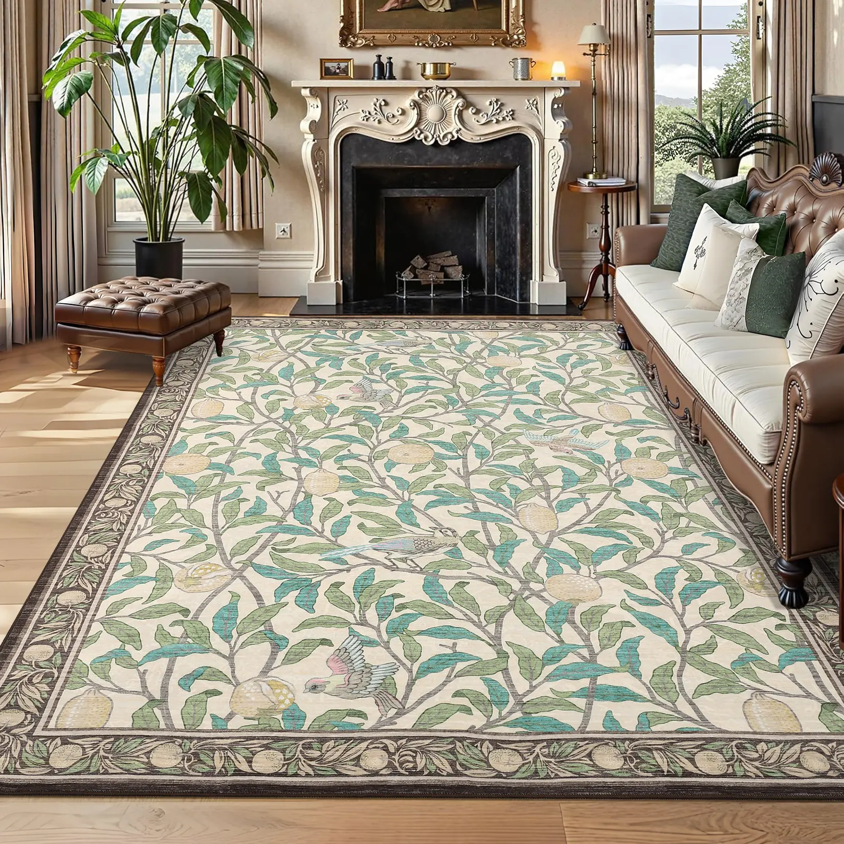 Elegant Fine Cashmere Fiber Rug with Foldable Weave & Orchard Motif - Machine Washable, Foldable, Suitable for Living Areas, Home Decor, Elegant Rug, Machine Washable Rugs