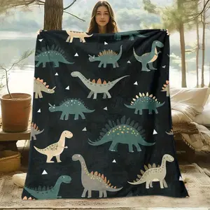 Dinosaur Theme Flannel Blankets Cooling Blanket Soft Elastic Breathable HD Print 100% Polyester All-Season for Home Bedroom Sofa Perfect Gift
