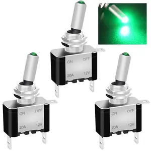 /3Pcs Rocker Lighted Toggle  12V 20A Heavy Duty Racing  Automotive Auto SPST ON/Off Toggle  Green LED Illuminated 3Pin ASW-07DG