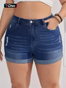 【Plus Size】 Distressed Hem Denim Shorts, Casual Fashionable Shorts, Casual Fashion Curvy Shorts for Daily Wear, Women's Bottoms for Summer