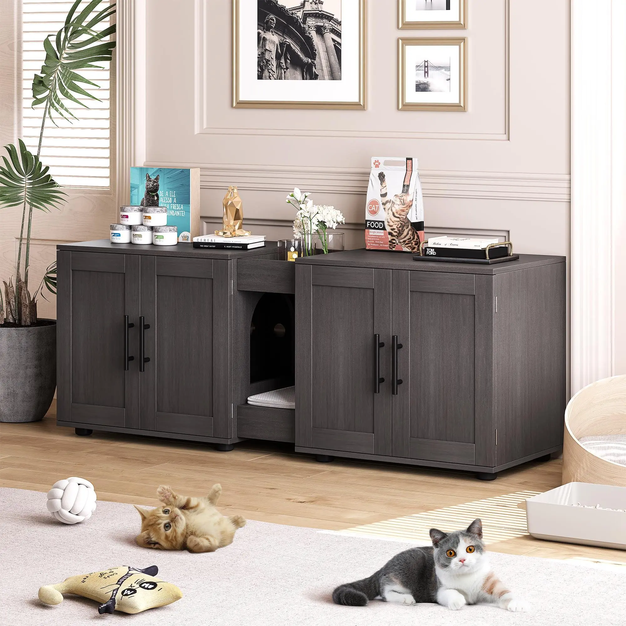 GARVEE Walnut Wood Rectangular 2-Cat Hidden Litter Box Enclosure, 55" Large Dual Compartment Cat Litter Cabinet with Barn Door, 3-in-1 Sturdy Base Wooden Pet House for Bedroom & Living Room Furniture
