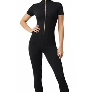 Gold Zipper Short Sleeve Active Wear Jumpsuit Womenswear Nylon Spandex Stretchy Padded
