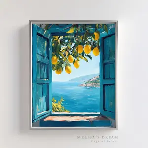 Mediterranean Window View Wall Art – Coastal Lemon Tree Wall Decor – Italian Seaside Poster