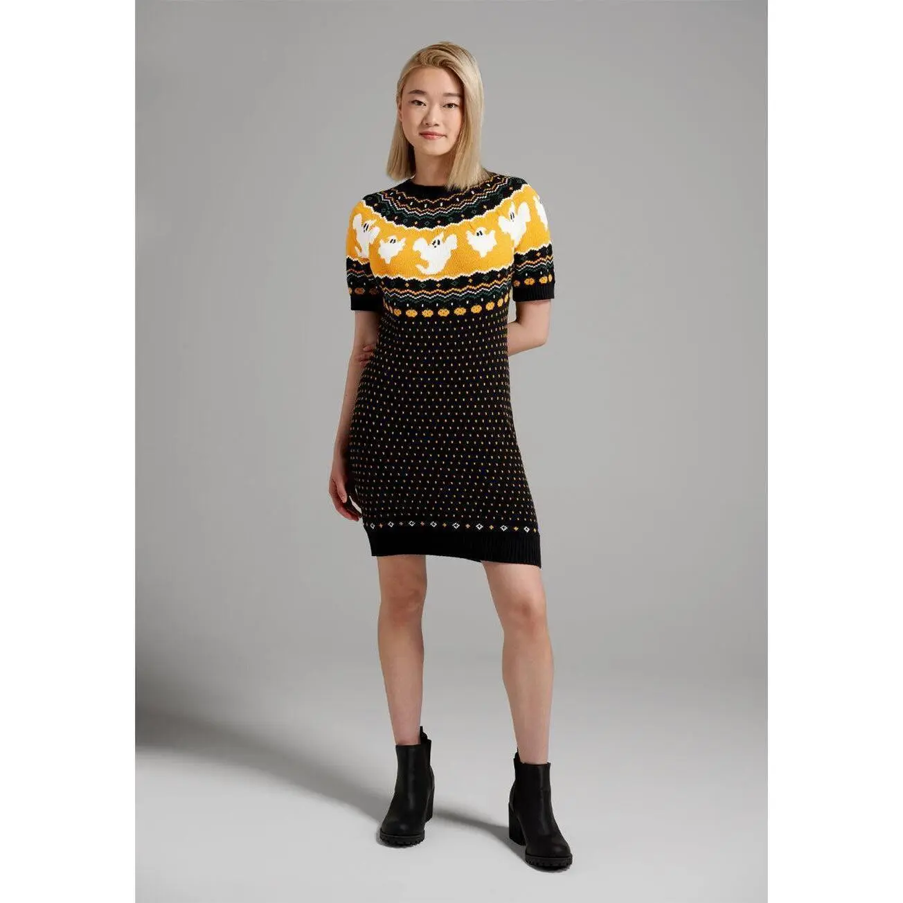 ModCloth Jump Scare Short Sleeve Fair Isle Sweater Dress - Ghost Print, Black (XS-4X) womens plus size Casual Cotton Crewneck Pullover - TikTok Shop ModCloth Jump Scare Short Sleeve Fair Isle Sweater Dress - Ghost Print, Black (XS-4X) womens plus size Casual Cotton Crewneck Pullover - TikTok Shop