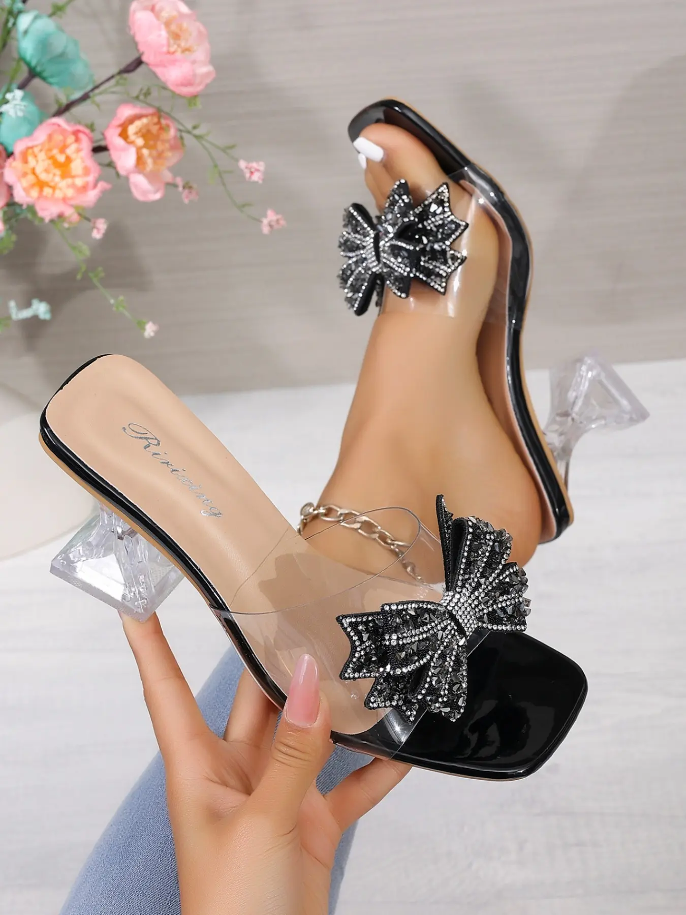 Women's 2026 New Clear Heels with Rhinestone Bow | Plus Size Comfortable Non-slip Square Toe Block Heel Mules for Party (Black/Beige/Brown) Shoe Sandal Heeled Fashionable Slide Sandals