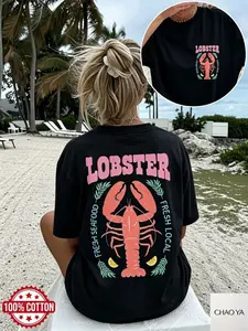 Plus Size, [Front and Back Double-sided Printing] Women's Spring and Summer Clothing, Women's Tops, Illustration Style, Lobster, Lemon LOBSTER FRESH SEAFOOD LOCAL Versatile, Short Sleeves, Shoulder Drop, Pure Large Version T-shirt