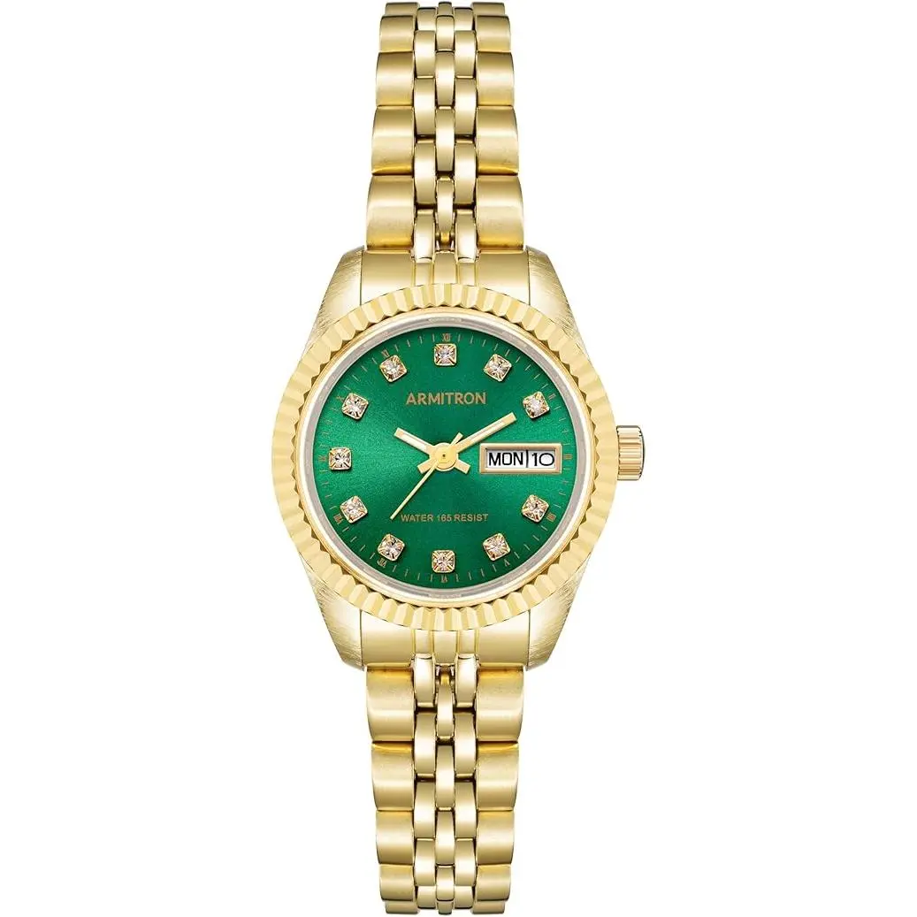 Armitron Genuine Crystal Accented Bracelet Ladies Watch 75-2475GNGP, Luminous, Calendar, Metal, 30M - 50M, Sunray Dial, Classic Fashion Quartz Watches, Gold-Tone, Scratch Resist.