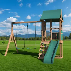 4-in-1 Backyard Playground Swing Set - Outdoor Combo with Slide, Climbing Rock Wall & Soft Cushion Swings