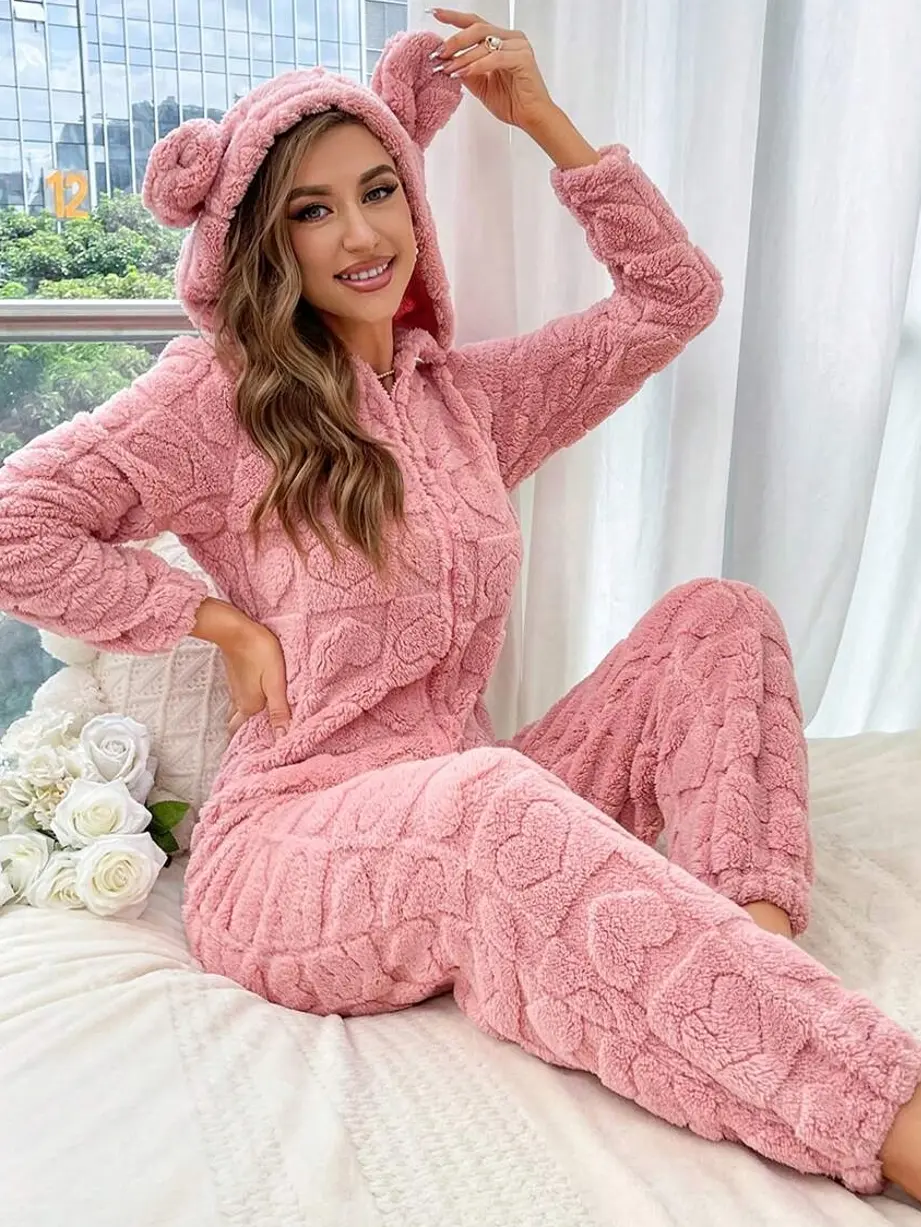 Pink Flannel Sleep Jumpsuit with 3D Ear Design Hooded Zipper Front and Pockets