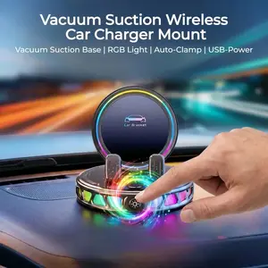 360° Rotating Car Phone Holder with RGB Ambient Lighting, Wireless Charging – Ultra-Stable Vacuum Adsorption and Auto-Locking Mount for Dashboard and Windshield, Suitable for iPhone and Android