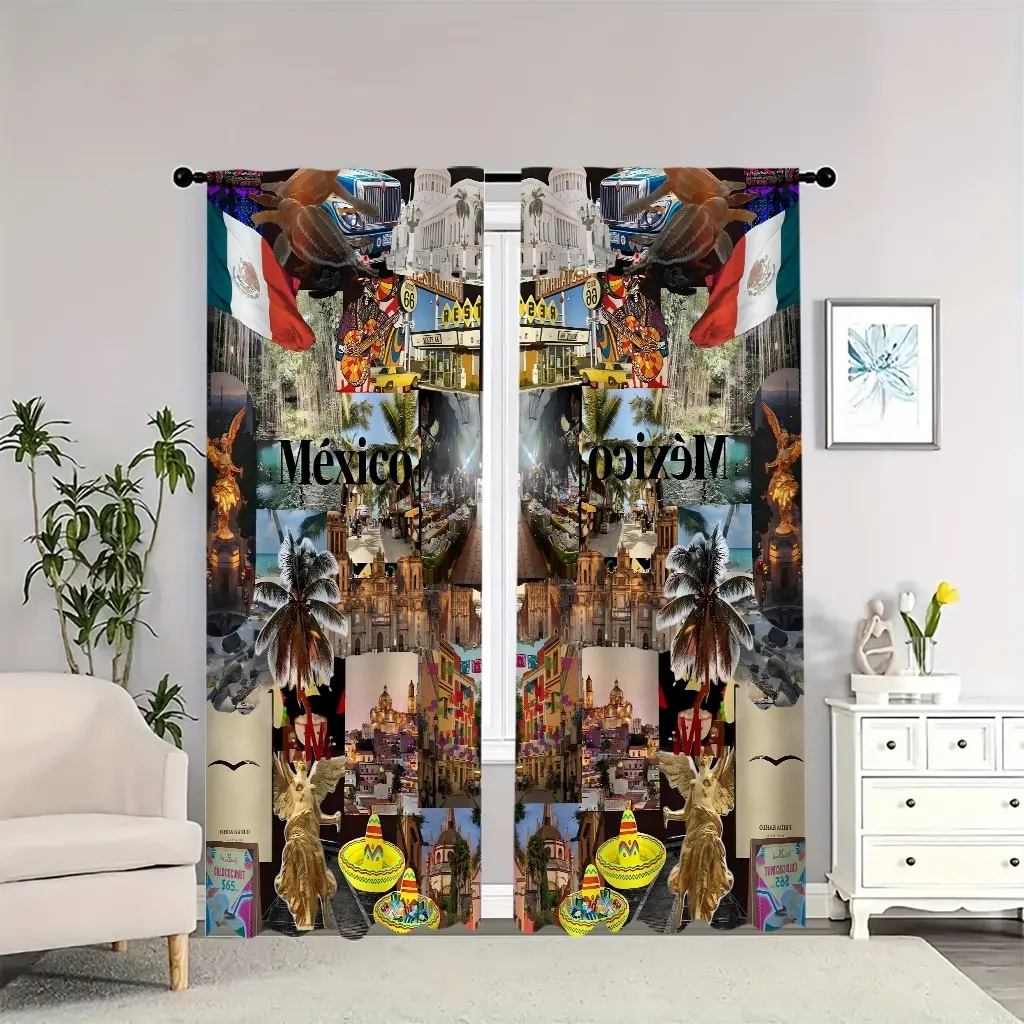 Mexican flag, architecture, cuisine, and cultural elements; double-sided blackout curtains, suitable for living rooms, bedrooms, and apartments; perfect for decorating for the new year.