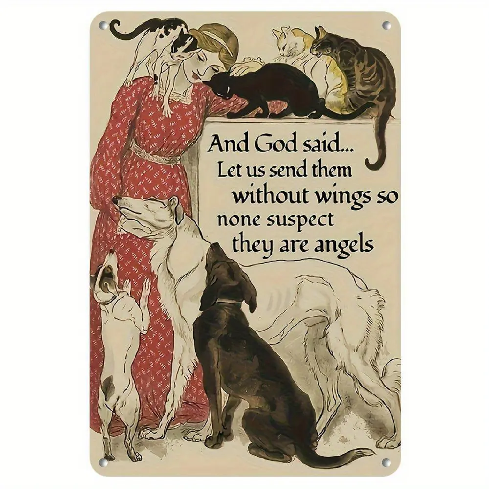 2D Flat 1pc  8*12 in God Said Angel Dogs and Cats Lover Souvenir, Beloved Pet Tin Brand Nostalgic Retro Metal Wall Decorative Gift Art, Suitable for Home Cafe Office Bedroom Wall Decoration