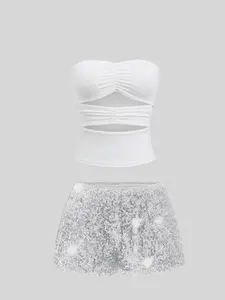 Fashion Trendy Women's Sexy Strapless Sequin Shorts Set, Stylish Summer, Perfect for Parties and Events, Comfortable and Chic