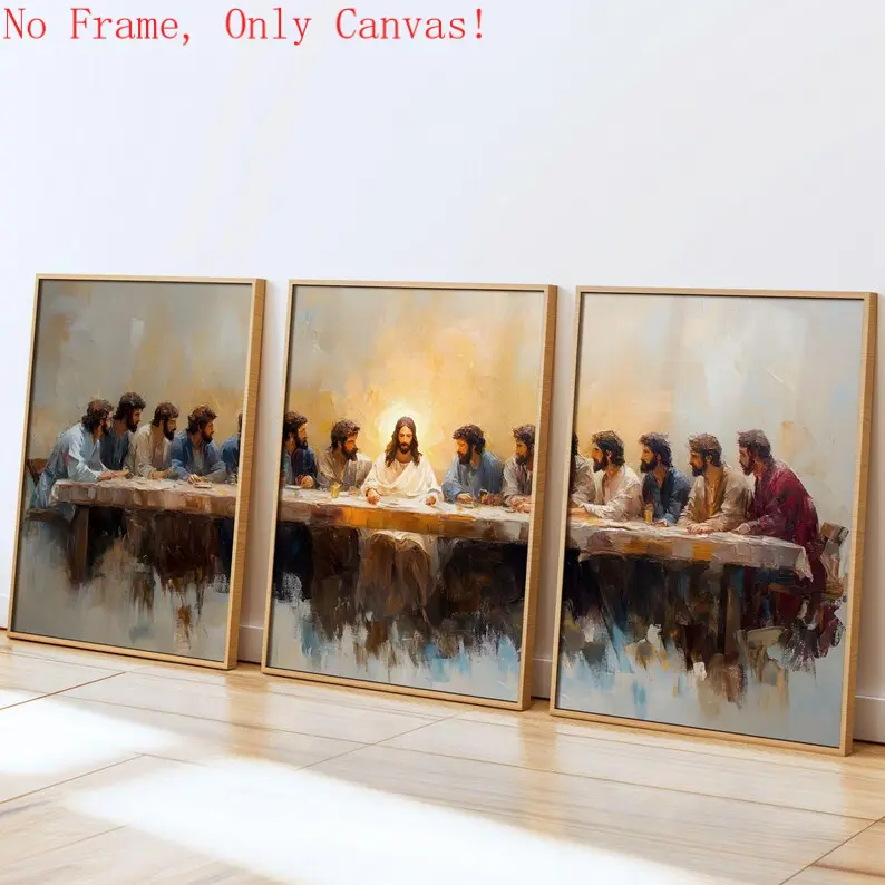 3-Piece Christian Art Frameless The Last Supper Wall Prints - High-DPI Waterproof Posters & Paintings with Military, Plaid, Polka Dot, Houndstooth Accents, Home Decor for Living Room (Boxing-Packaged)