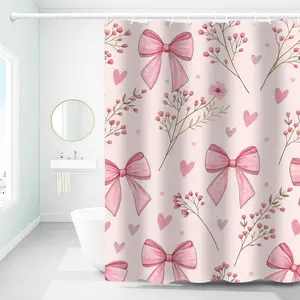 1pc Pink Watercolor Bow & Floral Shower Curtain, Romantic Girly Bathroom Decor, Tranquil Nature-Inspired Design, 70.9x70.9in Hanging Curtain with Hooks, Ideal Gift for Valentine’s Day or Spring Housewarming, Bathroom Accessory, Decoration