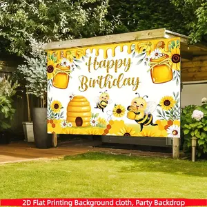 Bee Sunflower Theme Happy Birthday Banner, Polyester Fabric, Party Decoration, Home Decor, Outdoor & Indoor Use, Photography Backdrop Prop