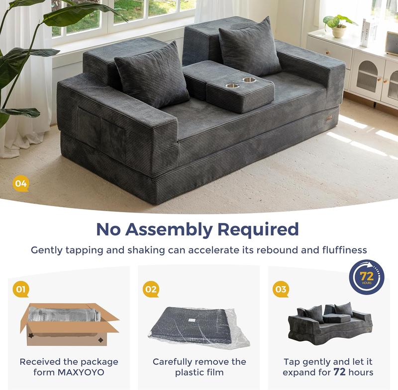 MAXYOYO Sofa Bed, 4 in 1 Foldable Floor Sofa Couch in A Box with 2 Cup Holders, Convertible 3 Seater Boneless Couch Folding Recliner Sleeper Chair for Living Room, No Assembly Required