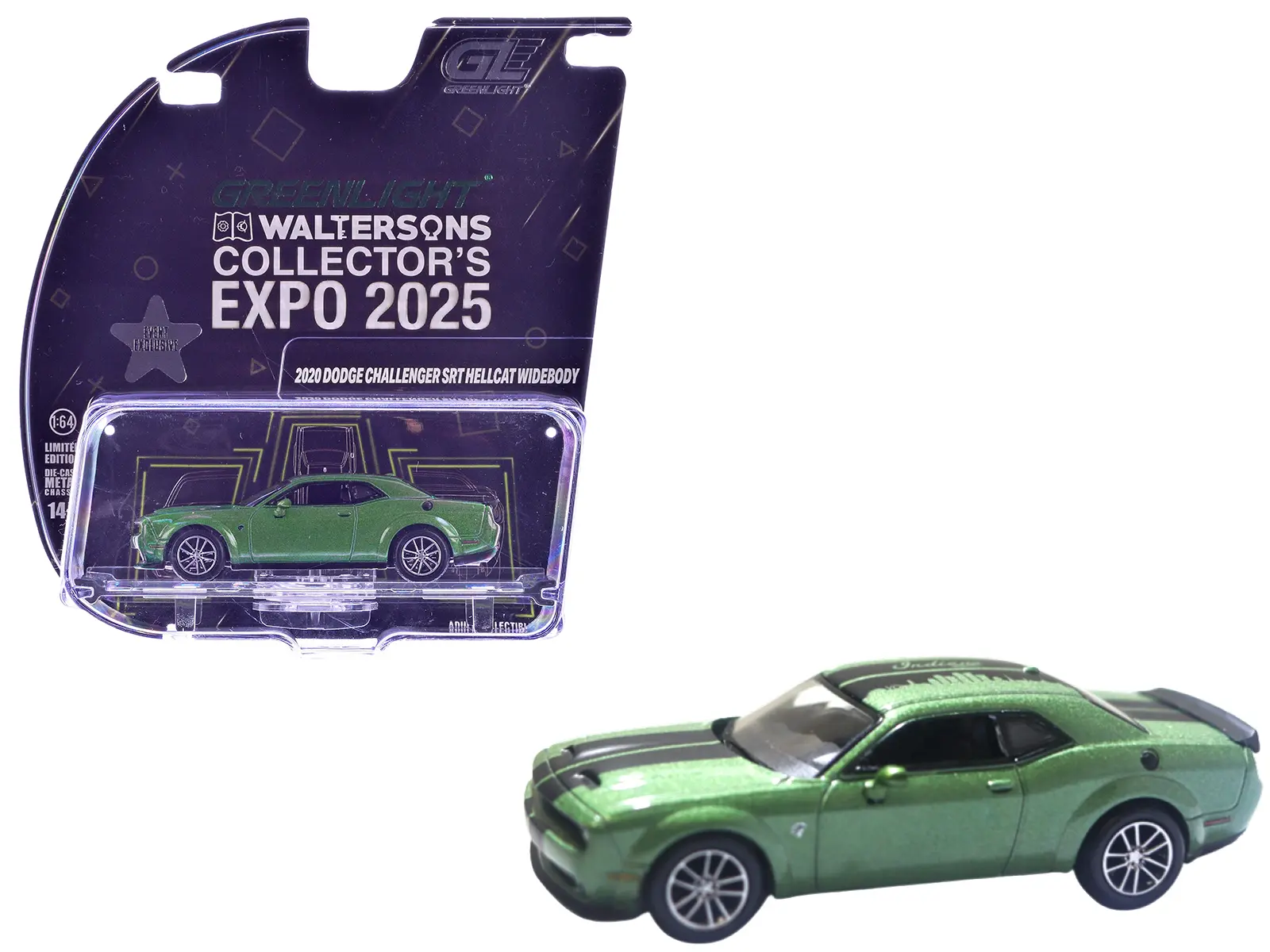 2020 Dodge Challenger SRT Hellcat Widebody F8 Green Metallic with Black Indiana Stripes 1/64 Scale Diecast Model by Greenlight