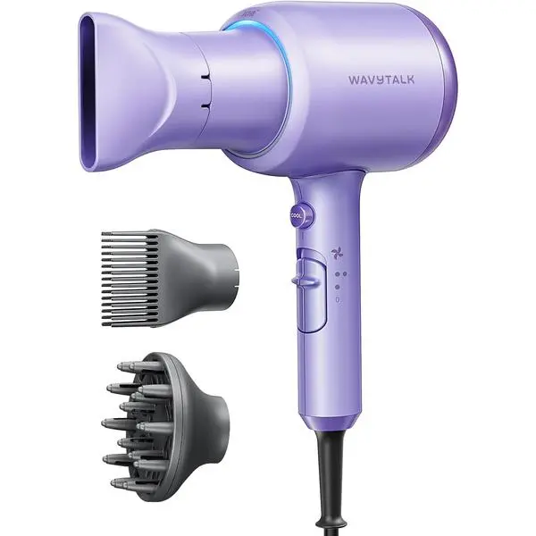 Wavytalk Blown Away Ionic Hair Dryer with Diffuser for Curly Hair | 1875W Fast Drying, 3 Attachments for All Hair Types, Ceramic Healthy Shine, Lightweight & Quiet (Purple)