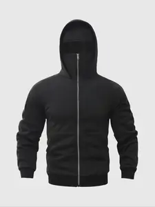 Men's Winter Warm Hooded Sweatshirt with Zipper Face Mask Design, Casual Outdoor Sports Jacket, Fleece Lined Pullover for Cold Weather, Casual Sports Hoodie