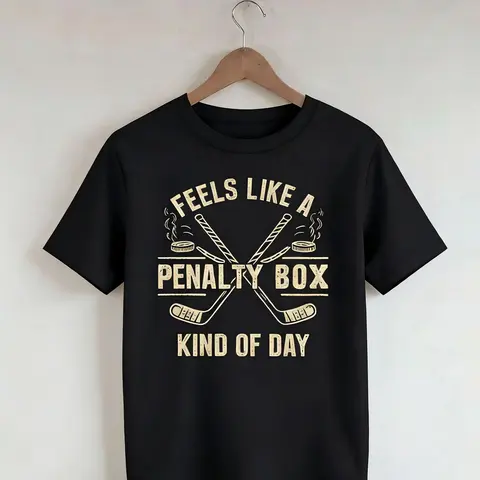 Women's Vintage Black Cotton Fitted Crew Neck Shortsleeve Top - Streetwear Casual Graphic Print T-Shirt with Hockey Puck-Stick Art, Penalty-Day Humor "Feels Like a Day in the Box" Penalty Box Joke for Summer