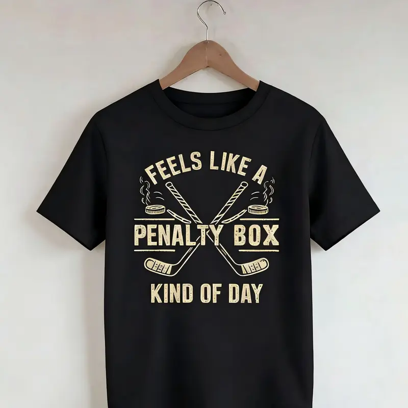 Women's Vintage Black Cotton Fitted Crew Neck Shortsleeve Top - Streetwear Casual Graphic Print T-Shirt with Hockey Puck-Stick Art, Penalty-Day Humor "Feels Like a Day in the Box" Penalty Box Joke for Summer