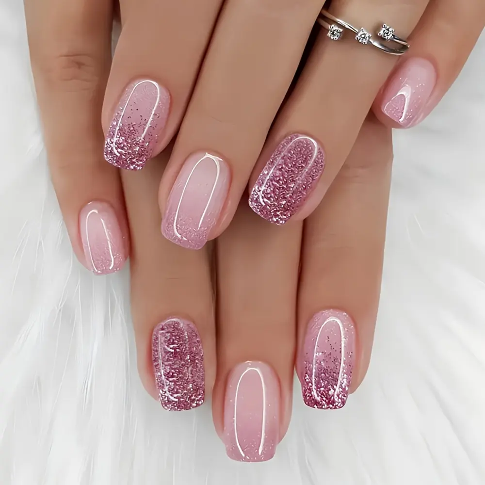 Pink Gradient Press-on Nails with High-shine Glitter, European Square Shape, Dreamy Hot Girl Style, Easy Removal, Nail Press On Nails