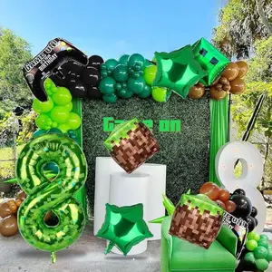 40-Inch (Approx. 40.0inch) Green Pixel Miner Aluminum Foil Balloon Kit, Large Polyester Film Mining Theme Number Balloons 0-9, Pixel Minecraft Theme Birthday Balloon Decoration Set, Home School Party Decorations, Fun and Colorful Balloons for Celebrations