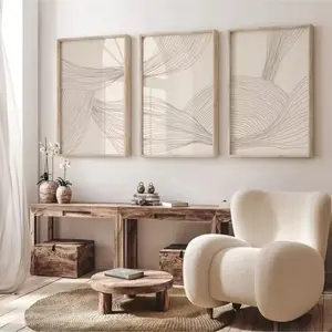 3 Pieces/set of Optional Wooden Frame, Modern Abstract Beige Bohemian Wall Art, Mid-Century Style Geometric Line Printed Painting, Living Room Bedroom Decor, Indoor Decoration