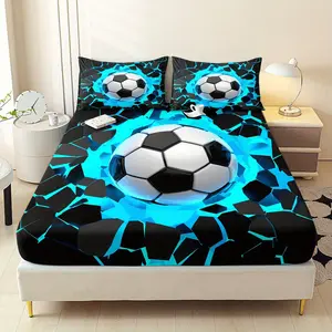 3pcs Soccer Ball Sport Theme Fitted Sheet Set Mattress Cover Mattress Protector King Queen Style Bedding Set Bedroom Guest Room 2D Flat Printing Polyester Machine Washable(1 Fitted Sheet+2 Pillowcases Without Core), 2D Flat
