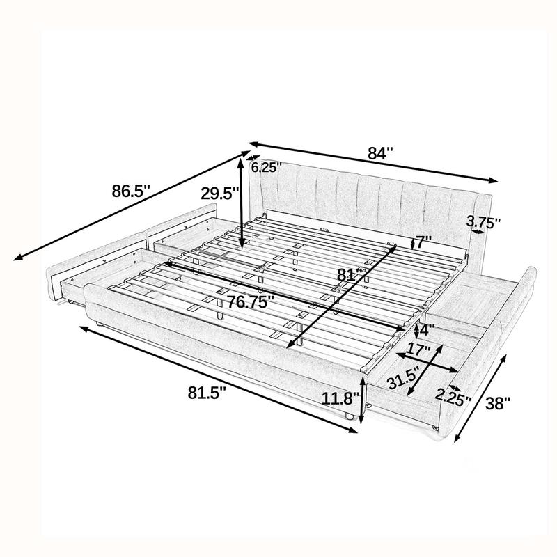 King Size Upholstered Bed Frame with Headboard and 4 Storage Drawers, Solid Bed Frame with Thick Fabric, Comfortable Upholstered Bed Frame, Chenille Fabric (86.5''*84''*29.5'')