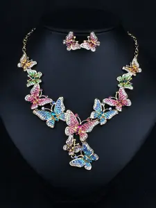 Luxury Multicolor Crystal Butterfly Statement Necklace Earrings Set, Ethnic Style Evening Party Accessories, Casual All Seasons Jewelry