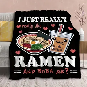 1Pc Preppy Style Cartoon Ramen & Boba Print Flannel Blanket - Super Soft, Tear Resistant, All Seasons Multipurpose Knit Fabric Throw For Noodle And Bubble Tea Enthusiasts
