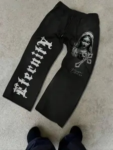 Unisex Casual Streetwear Sweatpants, Sports Casual Pants, Vintage Virgin Mary Print Fall Long Pants, Fitted Daily Wear, Jesus Faith Culture Gift, Trendy Y2K Style