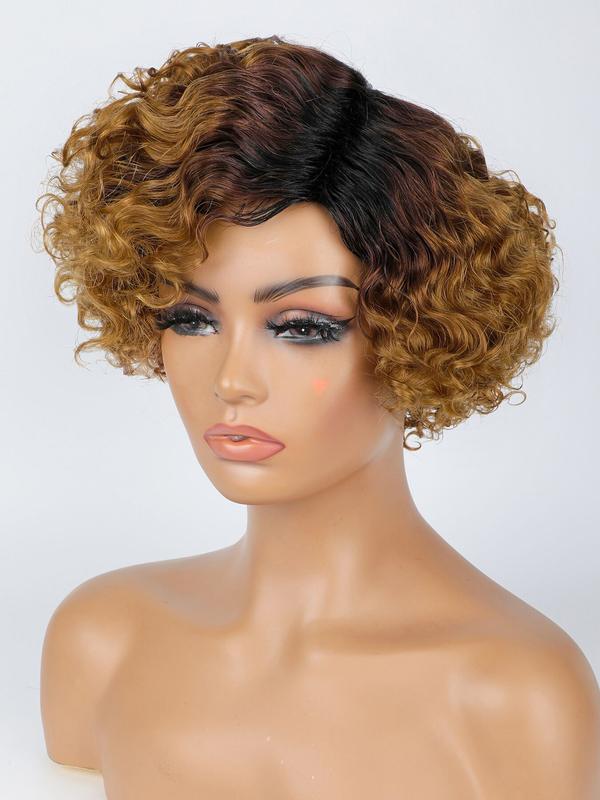 6inch T1B/30 Color Women's Short Curly Bob Wig with Bangs, 6 Inch Curly Hairpiece, Real Human Fiber, Full Machine Made, Perfect for Daily Wear, Natural Looking Wig
