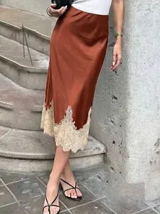 Women's Spring Summer Vintage Elegant Chic Colorblock Lace Patchwork Fitted Skirt, Mid-Waist Satin Texture, Side Hidden Zipper, Fashion Versatile Half Skirt, Womenswear Bottom