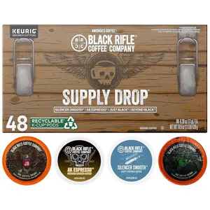 Black Rifle Coffee Supply Drop Variety (48 Count K Cups)  K Cups Coffee Variety  Contains Silencer Smooth, AK Espresso, Just Black,  BeyondBlack KCup