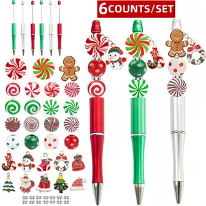 6PCS/9PCS Merry Christmas Candy and Gingerbread Man Theme DIY Beaded Ballpoint Pen, Wooden Beads, and Alloy Pendant Set, Great Christmas Gift School Office Supplies