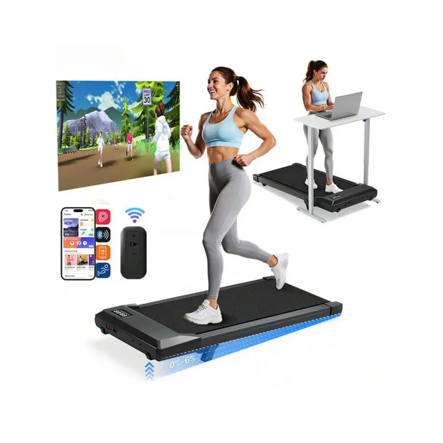 Flat Portable Under Desk Treadmill (Walking Pad) - 2.5HP Home Fitness Equipment, Compact Foldable Aluminum Alloy Build, 300 lbs Capacity, Remote Control, LED Display, App Connectivity, Real-Time Speed, Time, Distance, Workout Data Tracking, 2.5Hp Motor, D