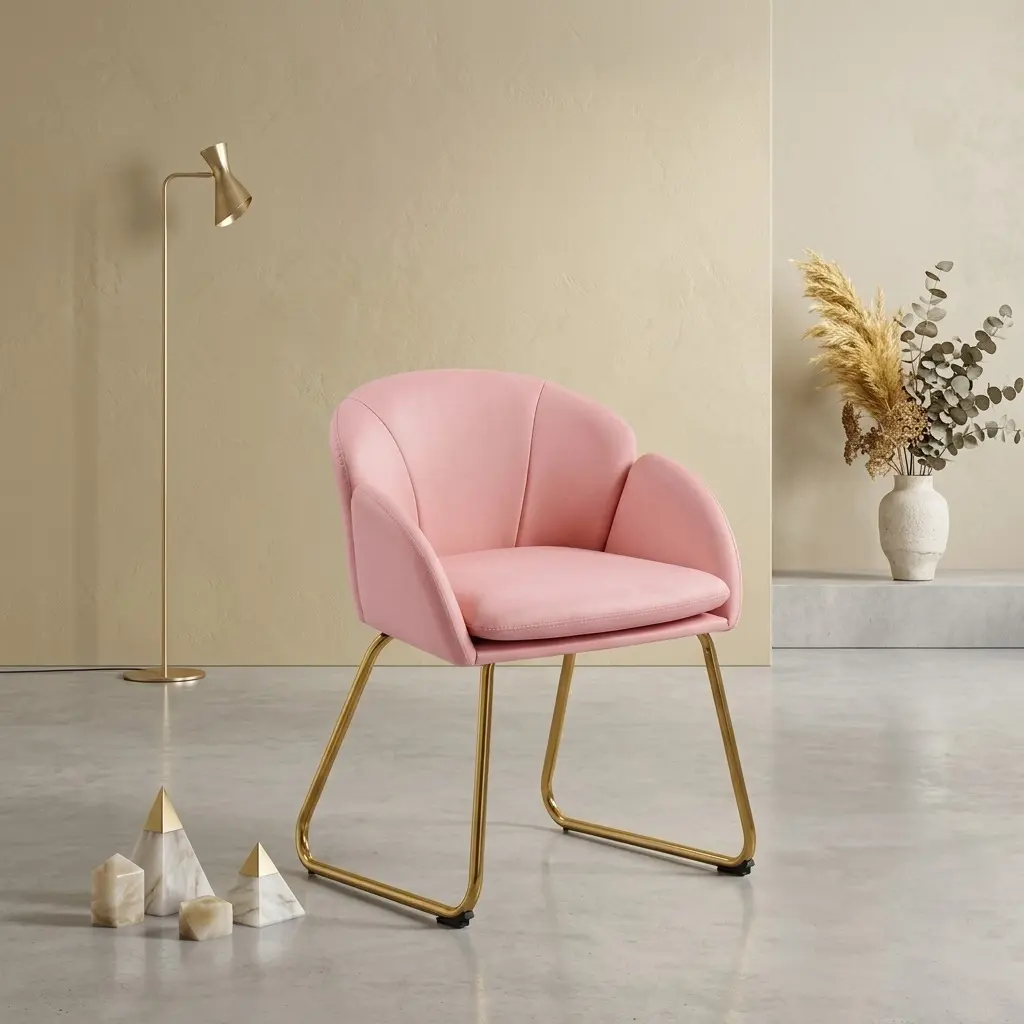 Modern Velvet Art Deco Vanity Lounge Chair - Flower-Shape Seat, Flared Back Style, Gold Leg Elegance, Floor Protectors, Space Saving Furniture, Upholstered Single Tub Chair for Bedroom, Living Room (White,Pink,Gray,Black), Armless Legged Chair, Clean Aest