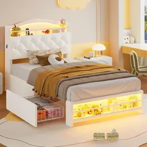 HAUOMS Twin Size Bed Frame with LED Lights & 4 Drawers, Princess Velvet Upholstered Platform Bed for Girls, Headboard with Charging Station & Guardrail & Crystal Button