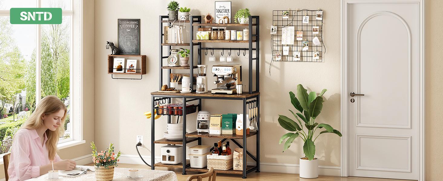 SNTD Baker Rack with Power Outlet - Microwave Stand with Storage, Large Coffee Bar Station with 14 Hooks, Metal Kitchen Shelf Rack for Spices, Pots (Rustic Brown) | with Power Outlet, with Storage, with 14 Hooks, for Spices, for Pots SNTD Baker Rack with Power Outlet - Microwave Stand with Storage, Large Coffee Bar Station with 14 Hooks, Metal Kitchen Shelf Rack for Spices, Pots (Rustic Brown) | with Power Outlet, with Storage, with 14 Hooks, for Spices, for Pots