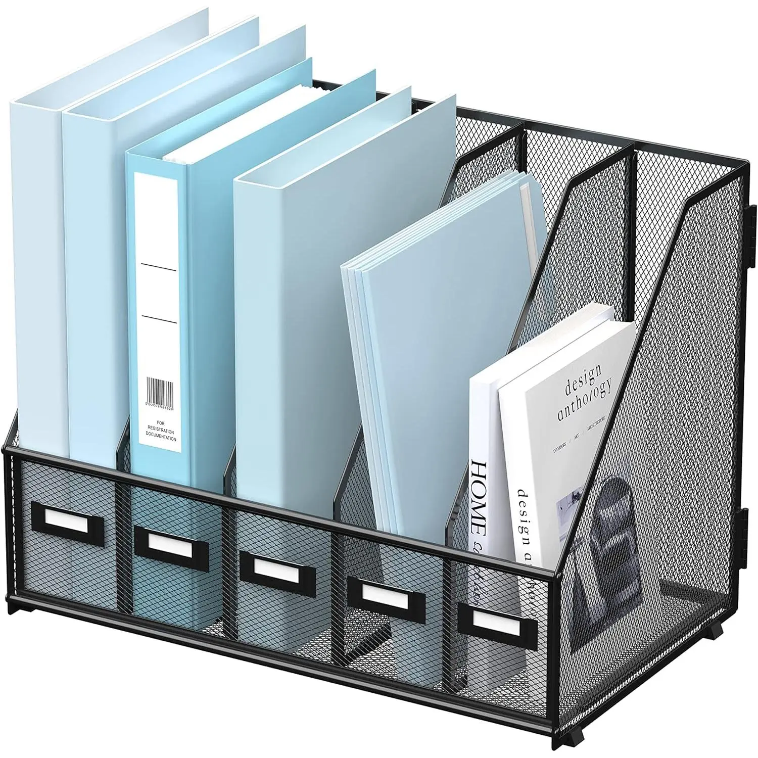 Metal Desk Organizer 5 Vertical Compartments File Holder - Sturdy Steel Desk Magazine Rack for Office & Home Workspace