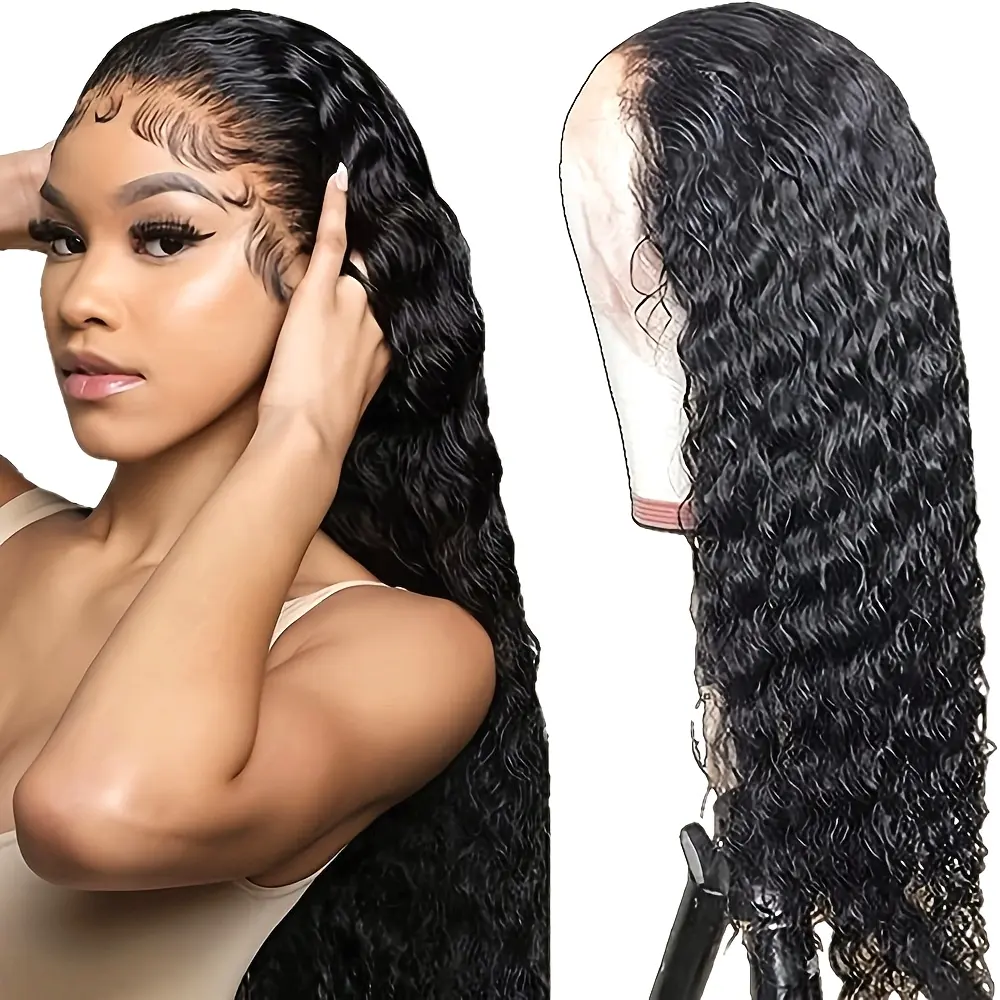 Synthetic 13x4 Lace Front Deep Wavy Wig, 26in 180% Density Pre-trimmed Natural Black Free Part Heat Resistant Fiber Wig for Daily & Party Use, Deep Wavy Wigs