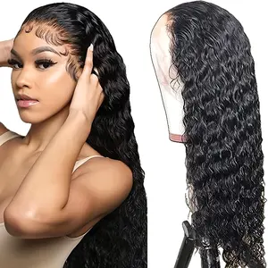 Synthetic 13x4 Lace Front Deep Wavy Wig, 26in 180% Density Pre-trimmed Natural Black Free Part Heat Resistant Fiber Wig for Daily & Party Use, Deep Wavy Wigs