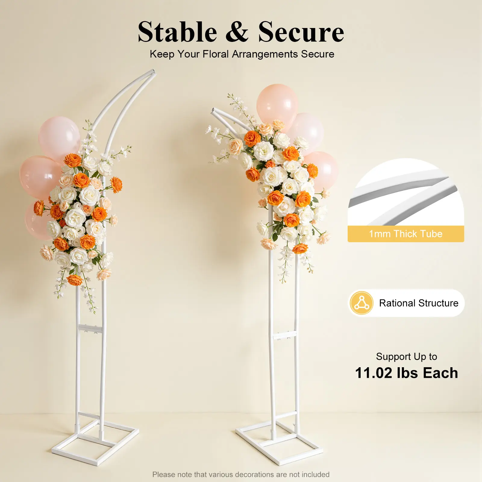 CNCEST 2-Piece High-Quality Steel Tube Wedding Arch Stands - White, 6.9ft & 6.2ft Tall Curved-Top, Removable Metal Backdrop, 22lbs Capacity for Civil Wedding Decoration, Parties