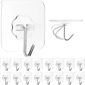Adhesive Wall Hooks for Hanging, 16 Pack Heavy Duty Self Sticky Hooks 22lb(Max) Stainless, Waterproof Oilproof Utility Hooks for Towel Coat Keys Bathroom Shower Kitchen Wardrobe Outdoor, Clear